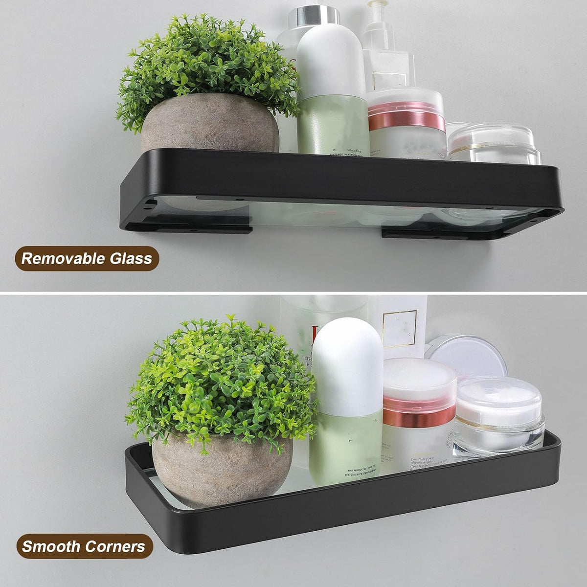 Z metnal Small Glass Bathroom Shelves, Matte Black Floating Shelf Wall Shelf Organizer, Wall Mounted (Clear Glass, 11.8 Inch)