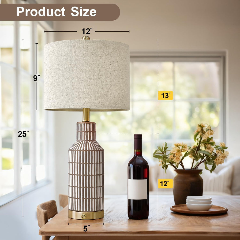 USumkky 25" Modern 3-Way Dimmable Touch Control with USB A+C Ceramic Lamps Set of 2 Table Lamp for Living Room Bedroom Farmhouse Nightstand Bedside Brown