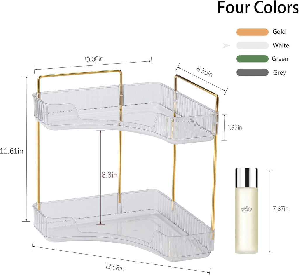 YCIA&DONE Corner Bathroom Counter Organizer, Makeup Organizer for Vanity, Skincare Cosmetic Perfume Tray, Corner Countertop Shelf Rack Storage for Bathroom Kitchen 2 Tiers (Clear White)