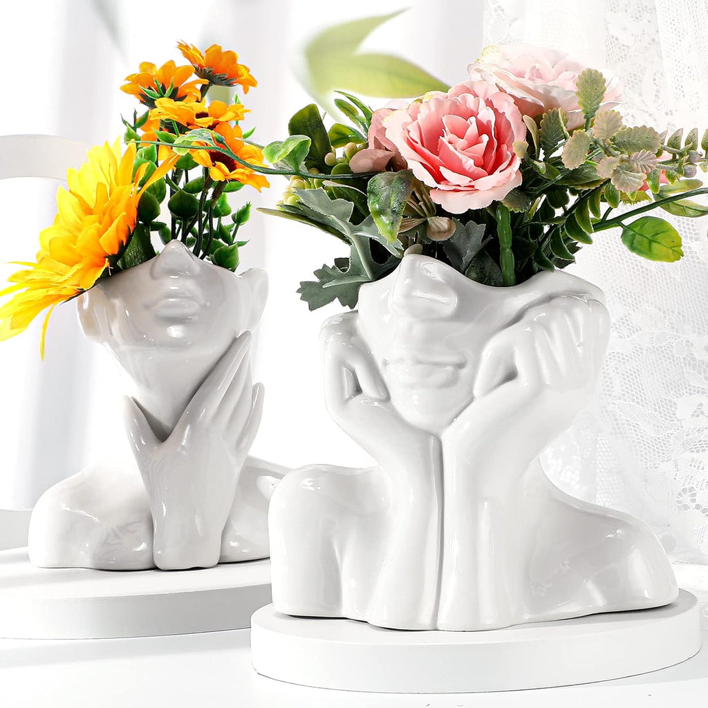 Sieral 3 Pcs Ceramic Face Vase Female Form Body Flower Vase, Large, White