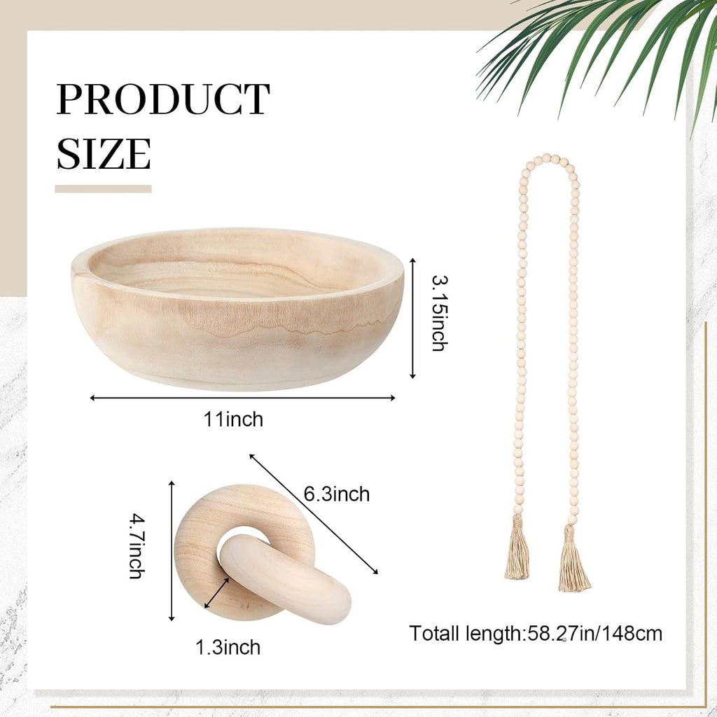 Novabright Farmhouse Wooden Decorative Bowl Set with Chain Beads, Natural