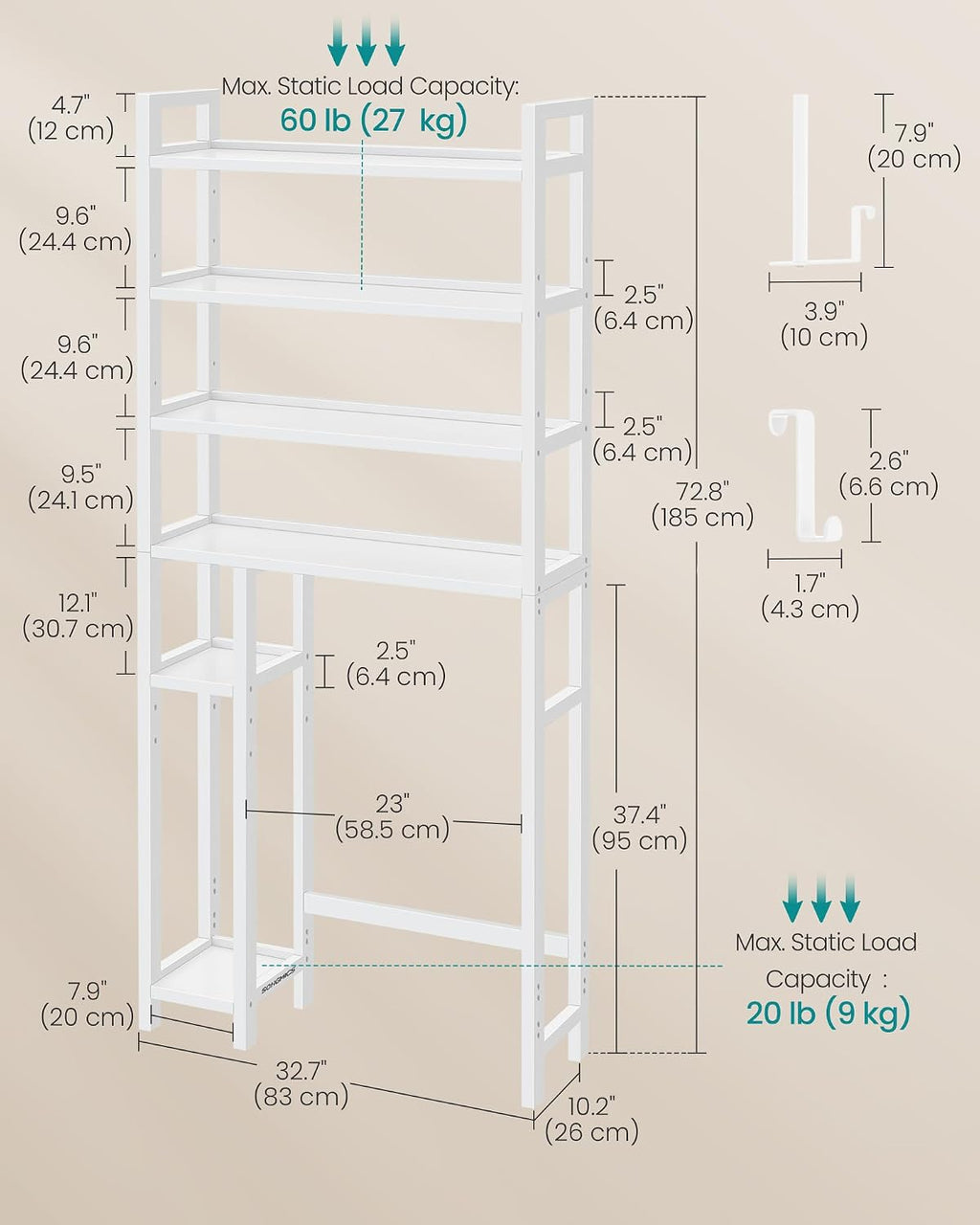 SONGMICS 4-Tier Bamboo Over the Toilet Storage with Adjustable Shelves