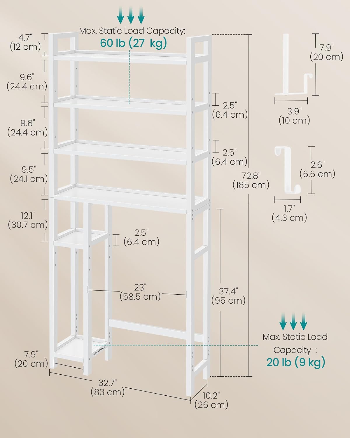 SONGMICS 4-Tier Bamboo Over the Toilet Storage with Adjustable Shelves