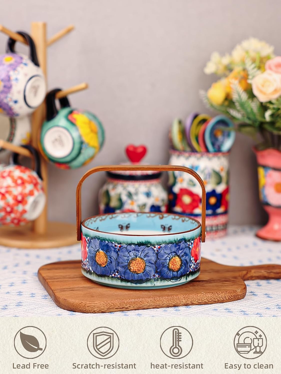 Handmade Fruit Berry Basket, Candy Bowl with Handle, 20 oz (Glazed Blue)