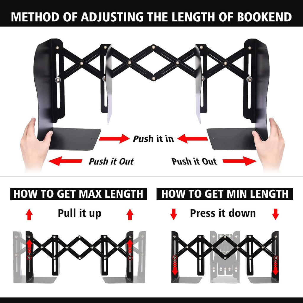 2 Pack Adjustable Metal Book Ends for Heavy Books, Extends Up to 19", Black