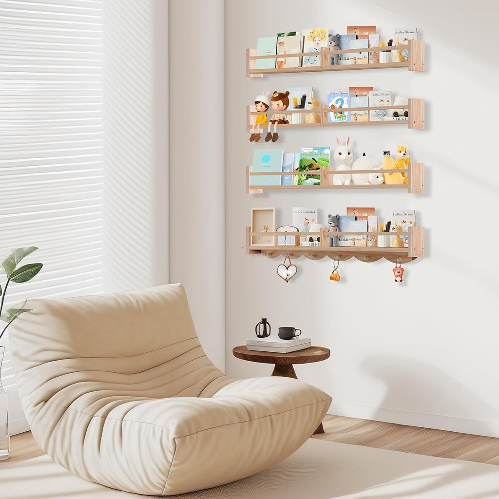 34Inch Nursery Book Shelves Wall Mounted, Floating Book Shelf for Kids Coat Rack with 6 Hooks, Wall Hanging Shelf for Baby Nursery Room Organizer ，Patent Number:US-D1058229-S(4, Burlywood)