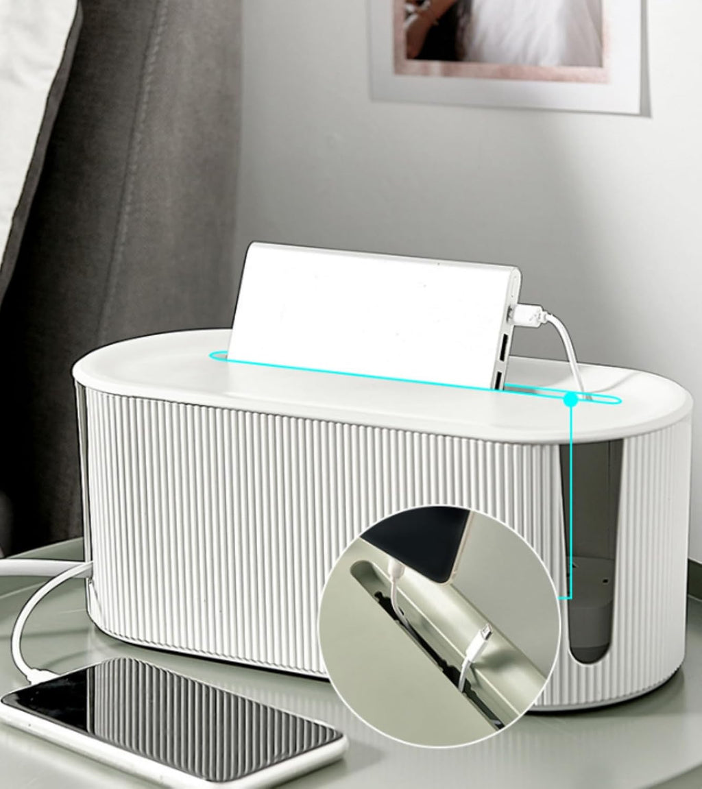 Cable Management Box,Desk Cord Organizer with Groove Cover,Plastic Cord Hider Box,Large Cable Box Organizer,Power Socket Management for TV/Computer/Router/Games Console Cable Storage (White)