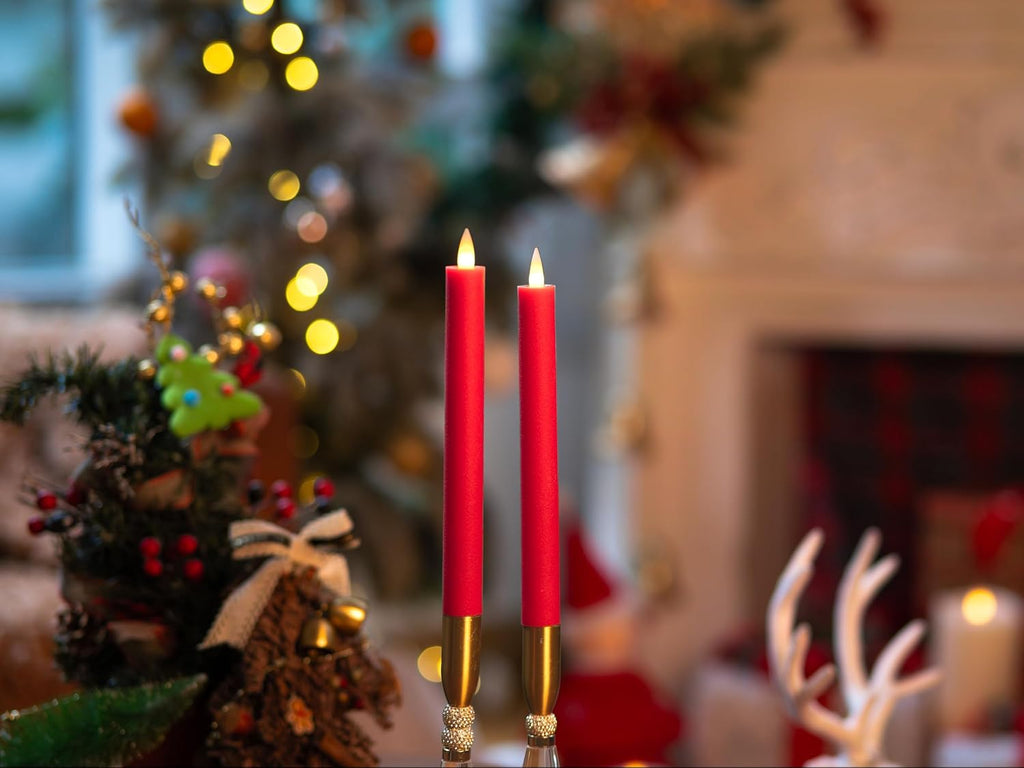 Holiday Red Flameless Taper Candles with Remote & Timer - 9 Inch, Leather-Textured Real Wax, 3D Moving Flicker, 400Hr Battery Operated Window Candles.