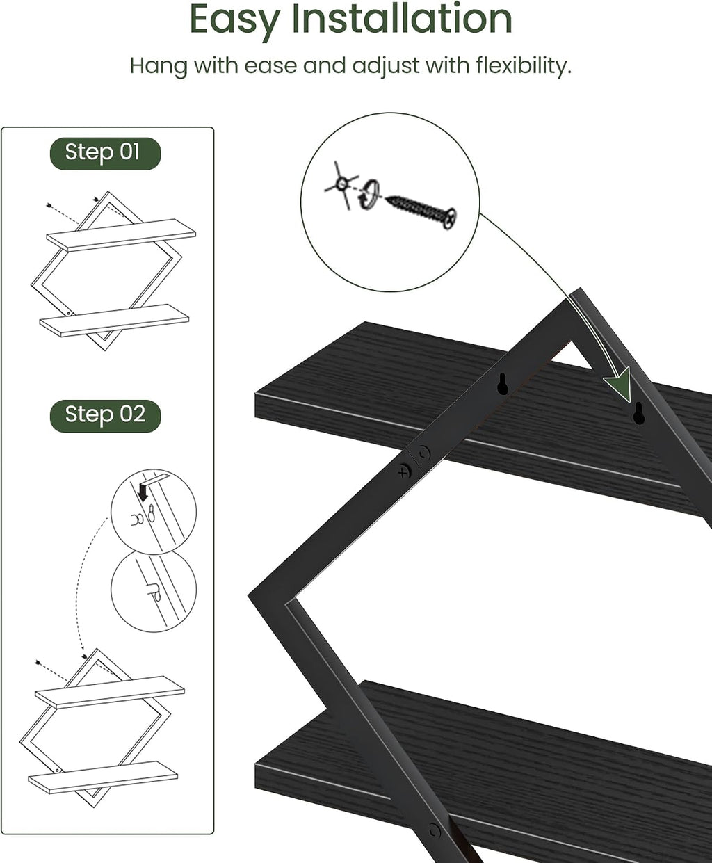 CHOEZON Floating Shelves, Set of 2 Wall Shelves, 2-Tier Hanging Shelves, Wall Shelf Set of 2, Wall Mounted Shelves, for Living Room, Bedroom, Kitchen, Office, Study, Black TBJ01P2BB