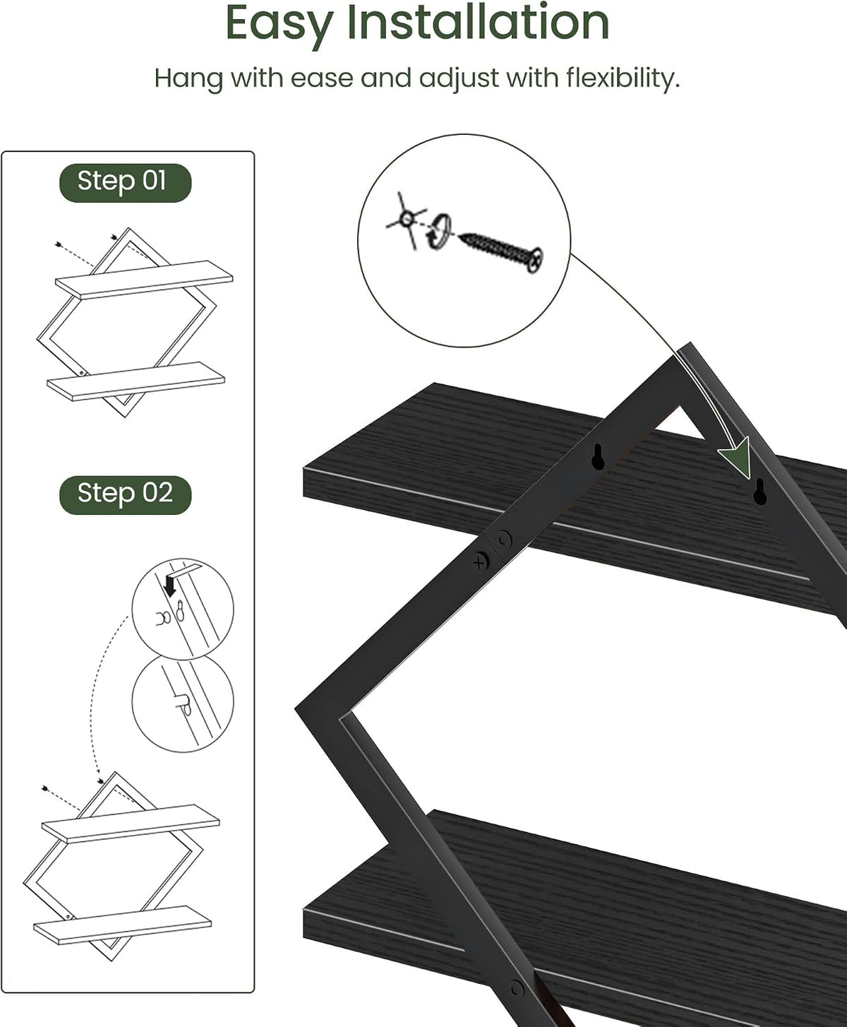 CHOEZON Floating Shelves, Set of 2 Wall Shelves, 2-Tier Hanging Shelves, Wall Shelf Set of 2, Wall Mounted Shelves, for Living Room, Bedroom, Kitchen, Office, Study, Black TBJ01P2BB