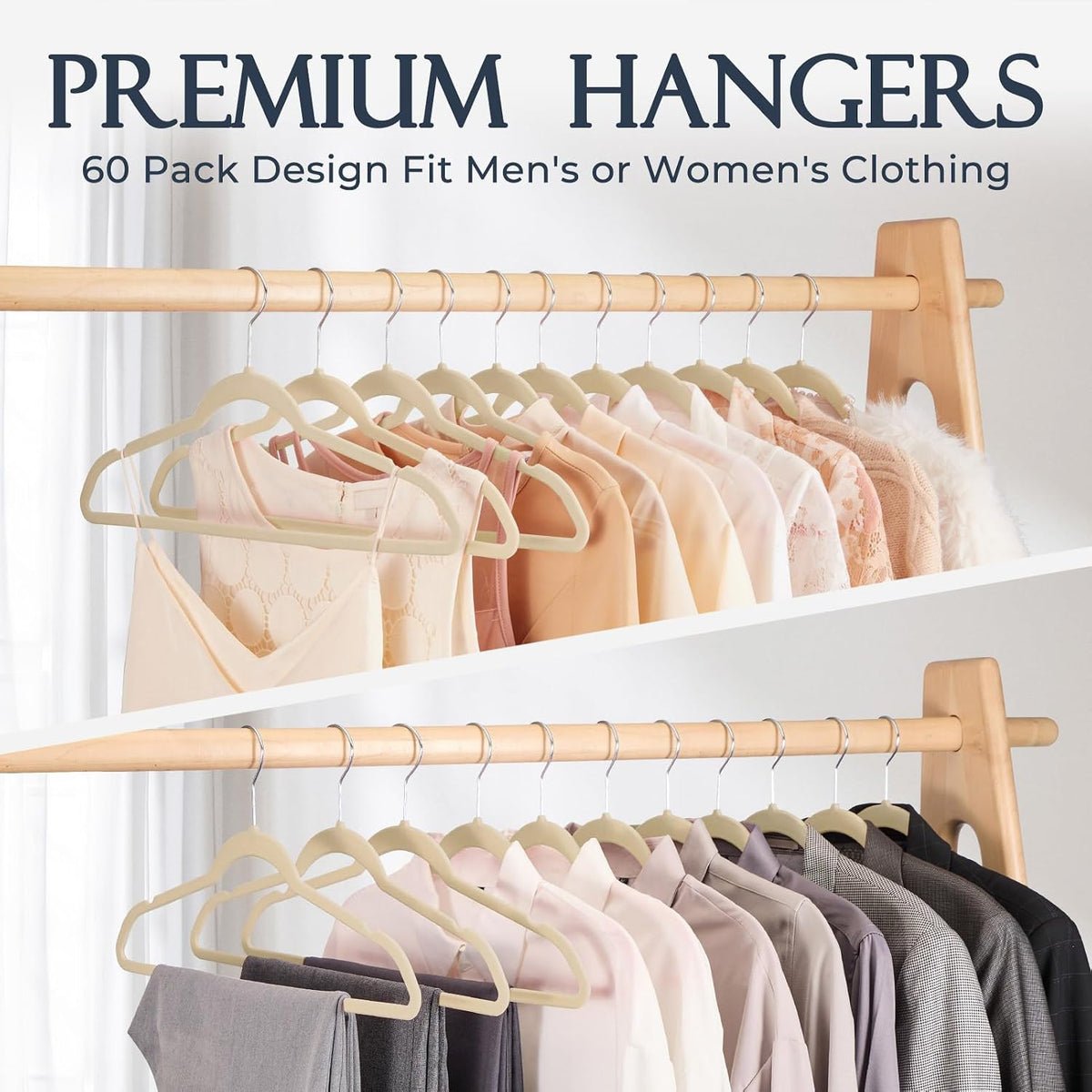 HOUSE DAY Beige Velvet Hangers 120 Pack, Premium Non Slip Clothes Hanger