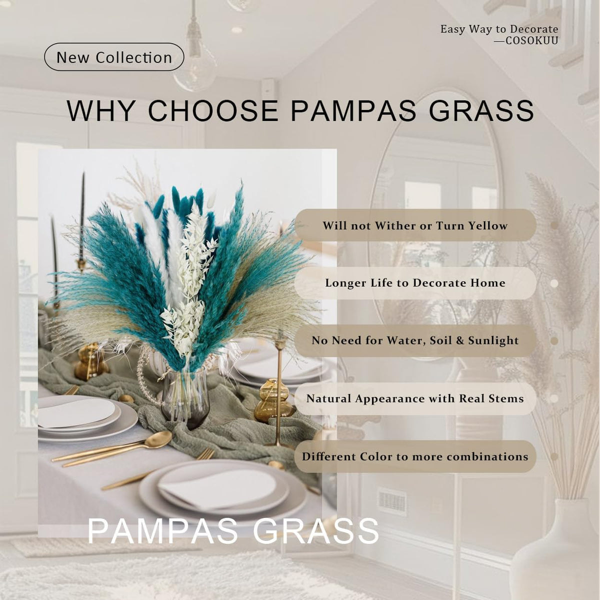 Pampas Grass Dried Flowers for Vase, Boho Home Decor, Wedding Decorations (Mixed Teal Blue)