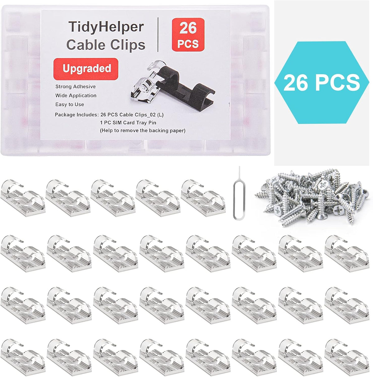TidyHelper Adhesive Cable Clips Clear (Large, 26PCS), Indoor/Outdoor