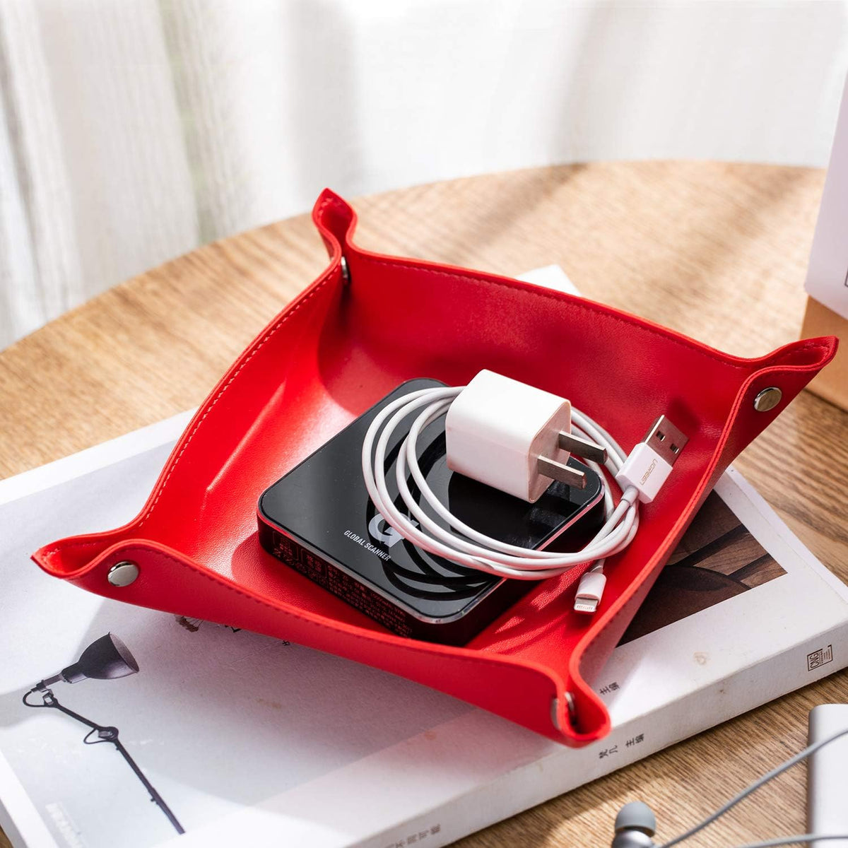 Leather Jewelry Valet Tray for Women and Man (Red-B)