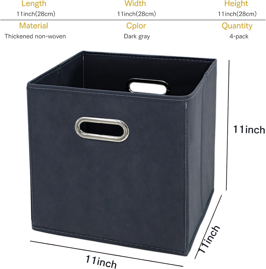 11 Inch Cube Storage Bins , Fabric Cubes Organizer Baskets with Handle, Foldable Basket for Closet or Collapsible Storage Box, 11x11x11 Set of 4 (Grey )