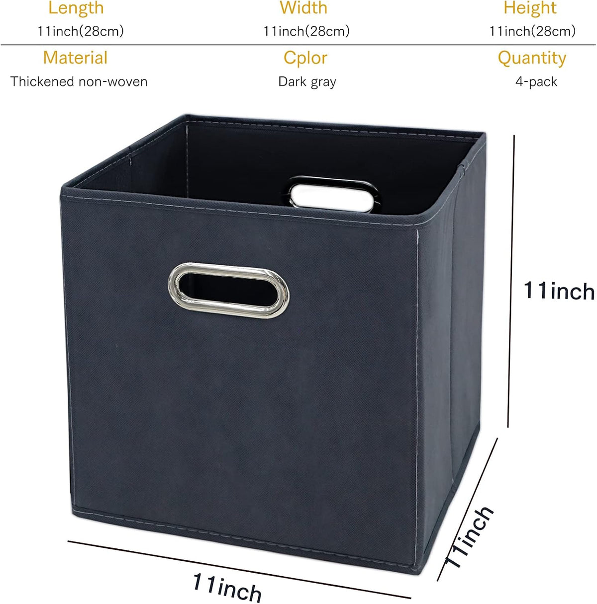11 Inch Cube Storage Bins , Fabric Cubes Organizer Baskets with Handle, Foldable Basket for Closet or Collapsible Storage Box, 11x11x11 Set of 4 (Grey )