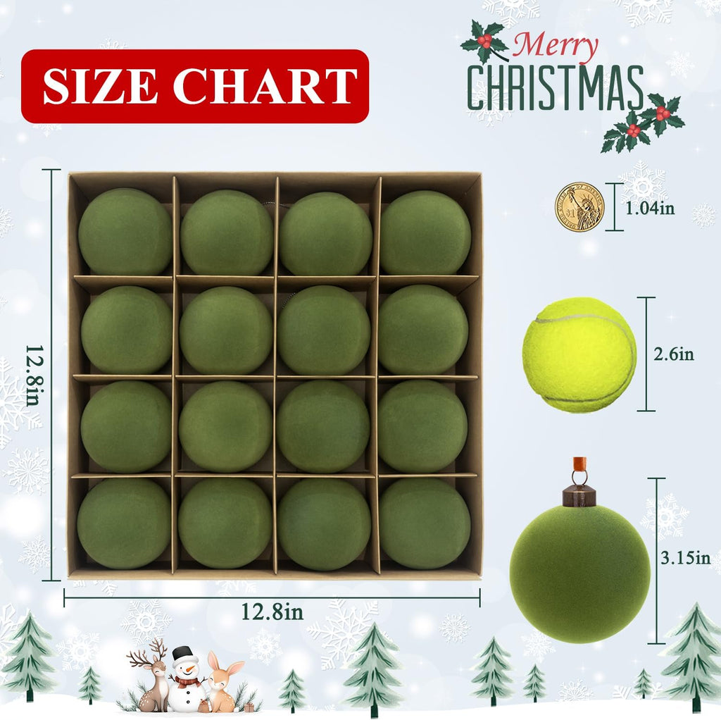 3.15" Green Velvet Christmas Ball Ornaments Set, 16 pcs Flocked Moss Green Xmas Tree Decoration, Large Shatterproof Decorative Hanging Balls for Party Holiday Wreath Garland Home Décor