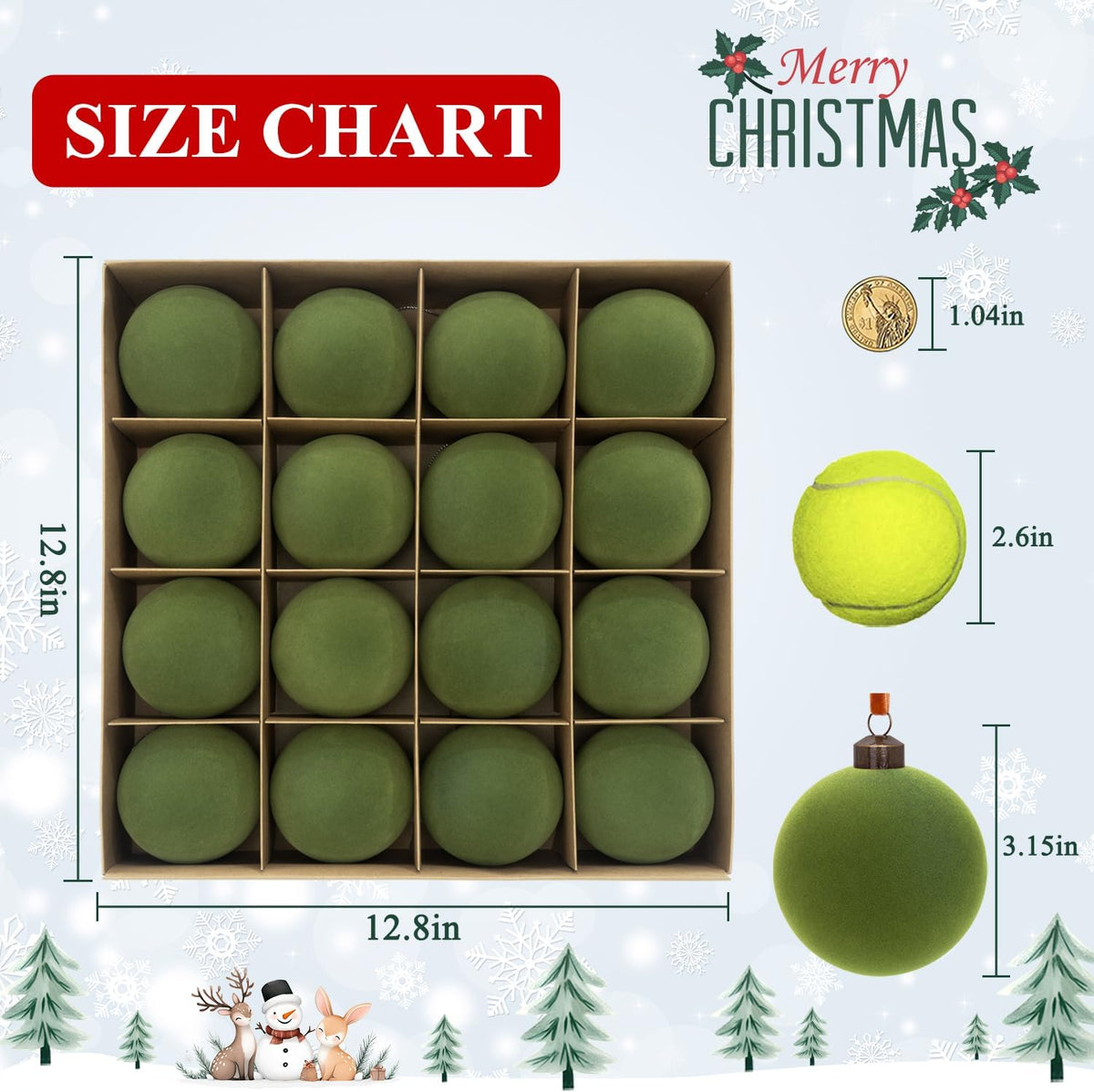 3.15" Green Velvet Christmas Ball Ornaments Set, 16 pcs Flocked Moss Green Xmas Tree Decoration, Large Shatterproof Decorative Hanging Balls for Party Holiday Wreath Garland Home Décor