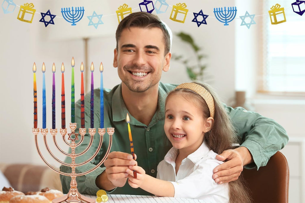 The Dreidel Company 5-Pack Dripless Hanukkah Candles, Multicolored Ombre Striped Deluxe Tapered Decorations, 1 Hour Burn Time, Chanukkah 45 Menorah Candles Box for All 8 Nights of Chanukah