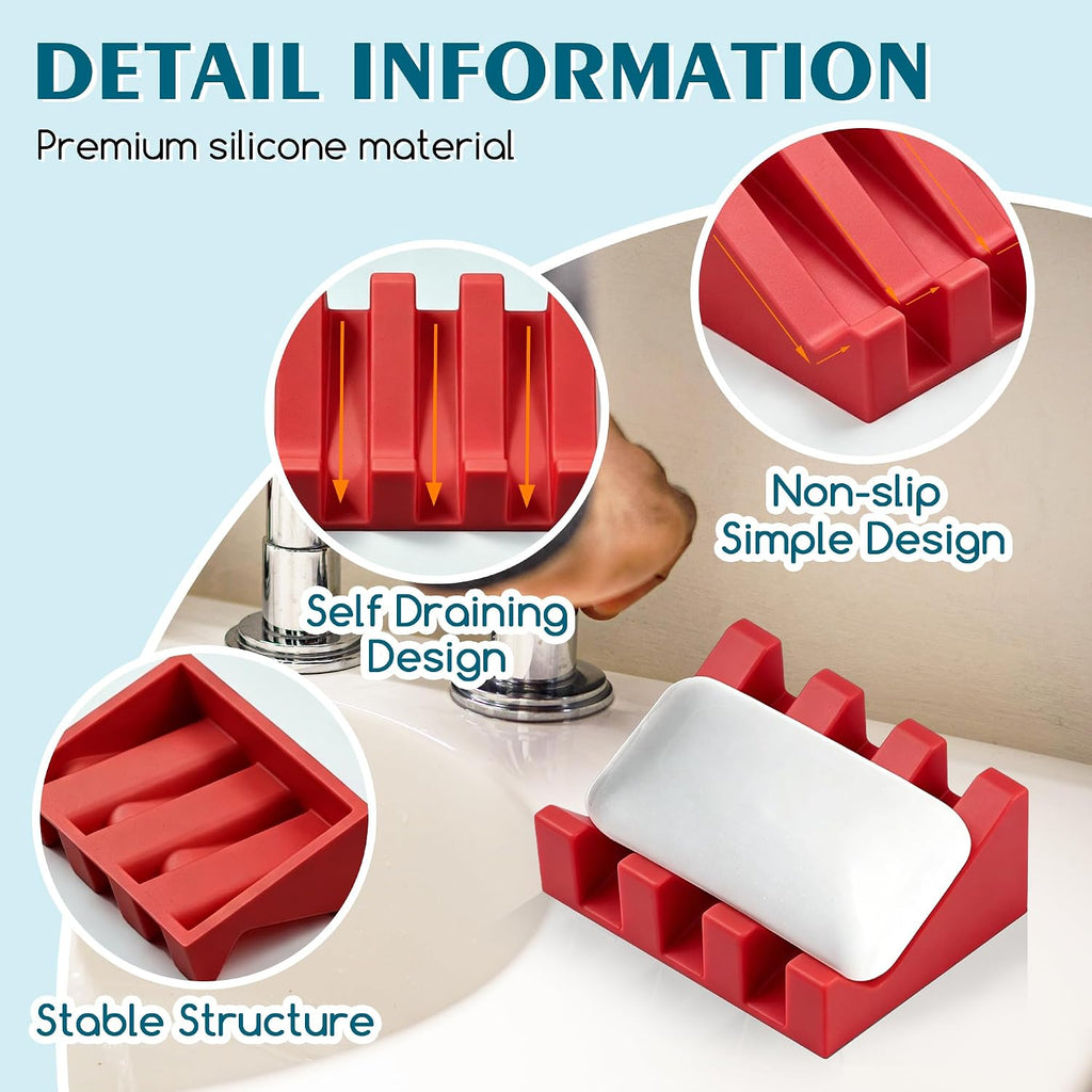Self Draining Silicone Soap Dish Holder Waterfall Tray, 1 Pack Red