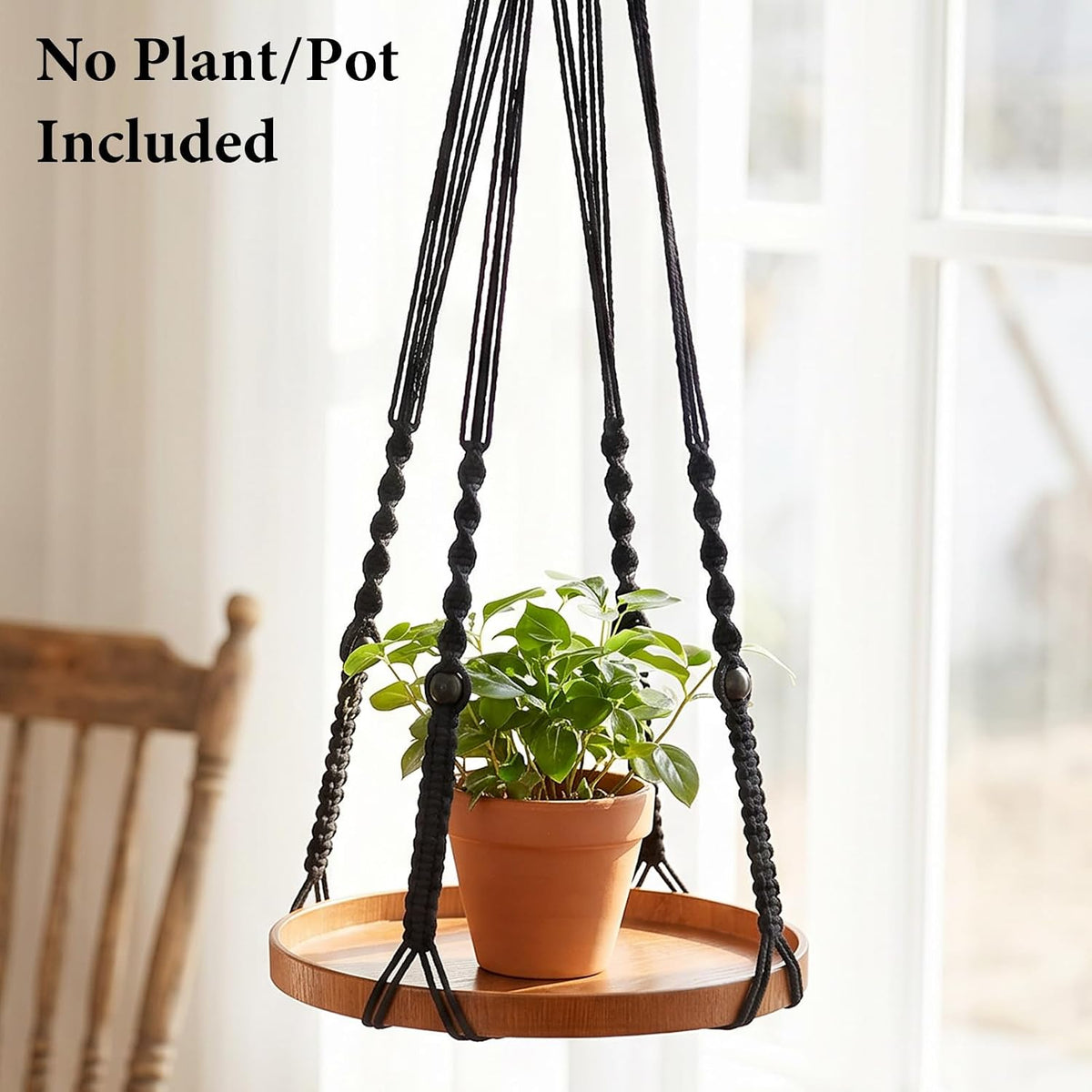 Macrame Plant Hanger 2 Pack, Hanging Planter Shelf Set with Wood Tray for Indoor Plants, Boho Home Decor (Black, Large & Medium)