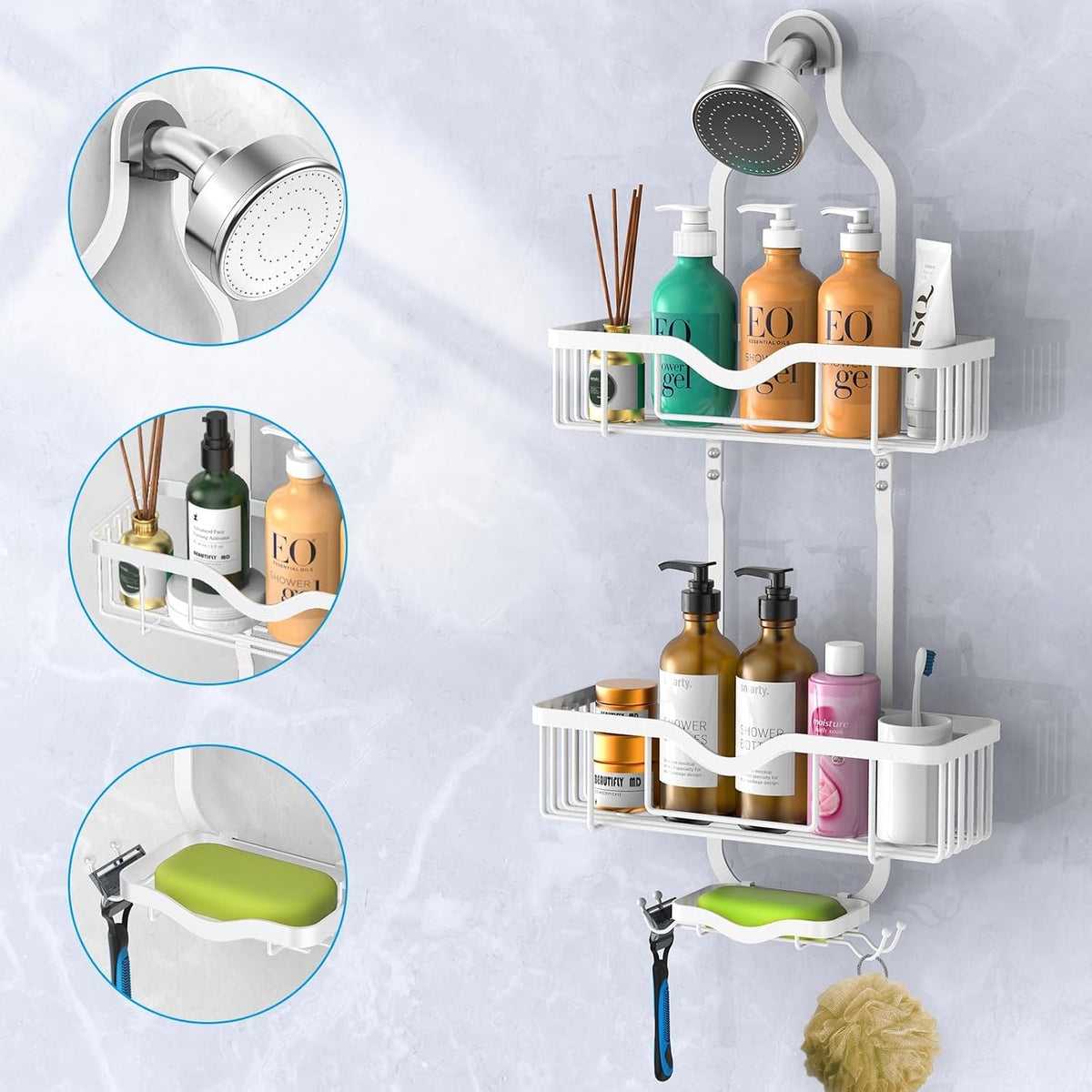 Shower Caddy Hanging, Bathroom Shower Rack, Bathroom Organizer with Soap Dish, Over The Showerhead Caddy with Hooks for Razor/Sponge, Soft White (Assembly Required)