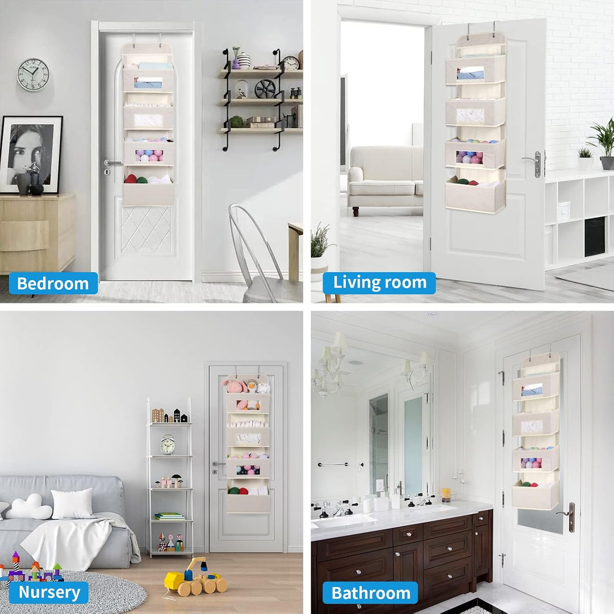 MAX Houser 4-Shelf Over The Door Hanging Organizer with 2 Metal Hooks,Beige