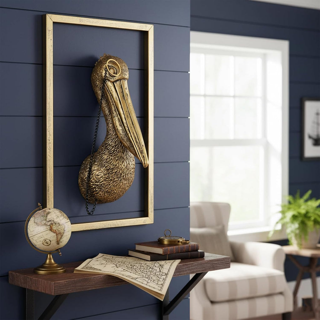 Vintage Gold Resin Animal Heads Wall Decor(Pelican,Gift Metal Frame)- Exquisite Wall Hanging Sculptures for Living Room, Bedroom, Office - Handmade Home Art Decor