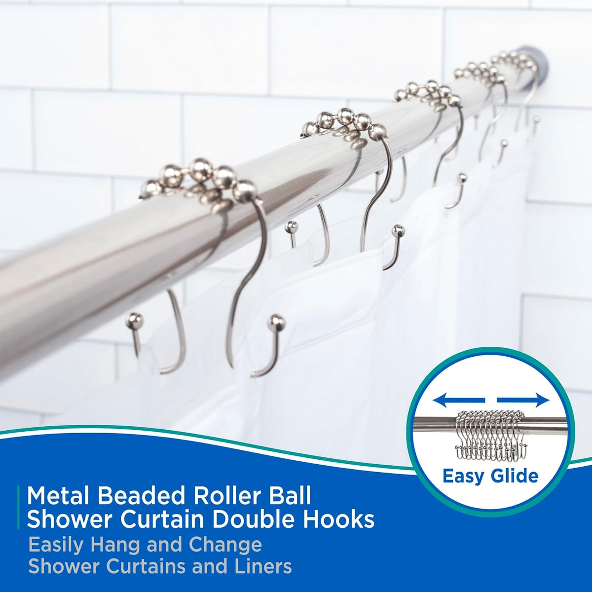 Kenney KN67120 Rust-Resistant Gliding Metal Beaded Shower Curtain Rings with Double Hanging Hooks for Shower Curtain and Standard Shower Curtain Rod, Bathroom Use, Easy to Install, 12-Pack, Nickel