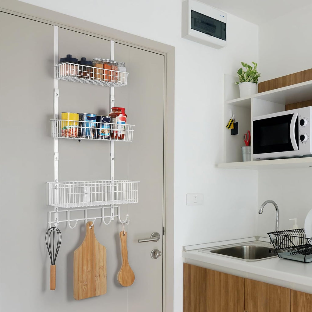 ETELI Over The Door Storage Organizer with 3 Mesh Baskets and 5 Hooks Heavy Duty Pantry Door Organizer Back of Door Storage Rack for Bathroom, Kitchen, Office, White