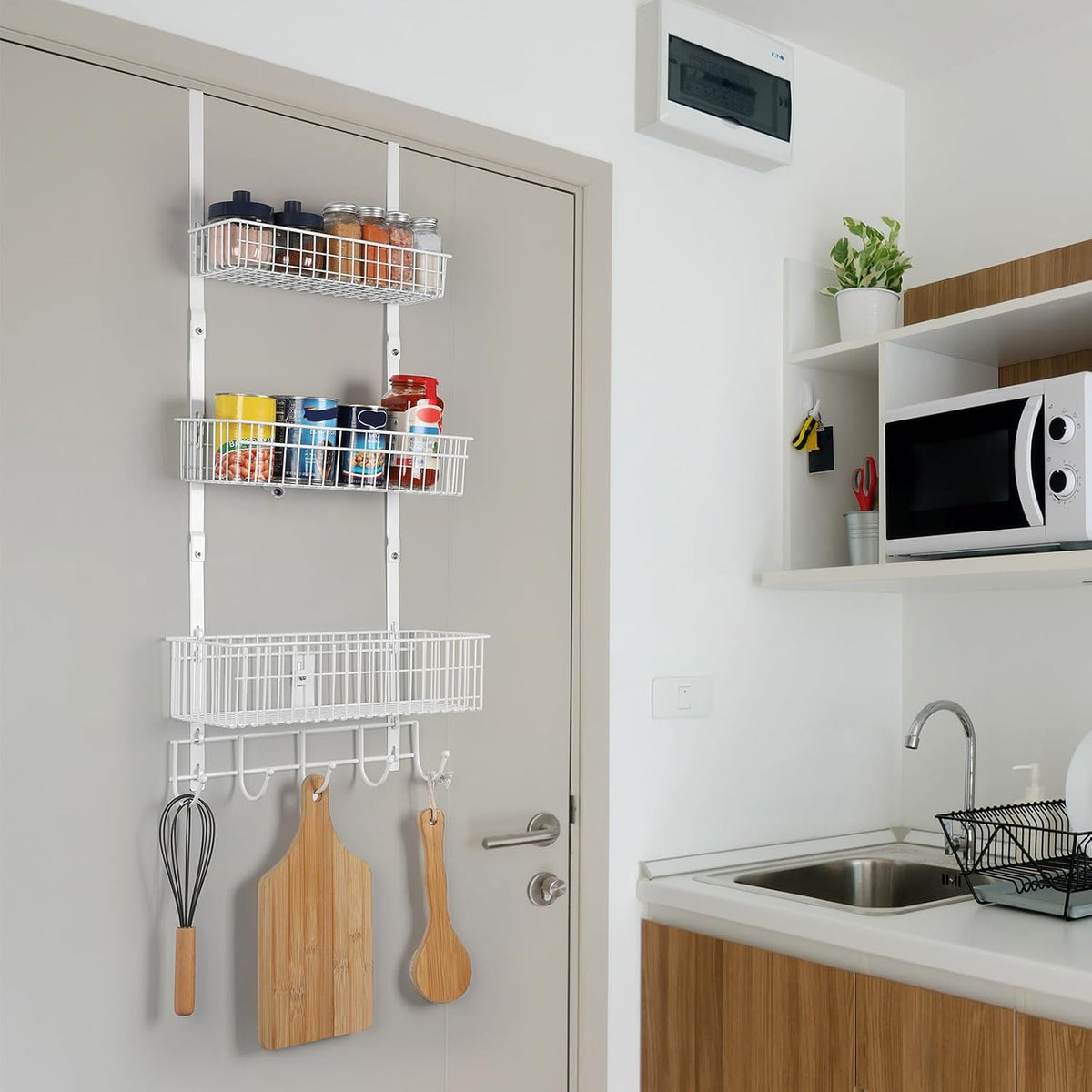 ETELI Over The Door Storage Organizer with 3 Mesh Baskets and 5 Hooks Heavy Duty Pantry Door Organizer Back of Door Storage Rack for Bathroom, Kitchen, Office, White