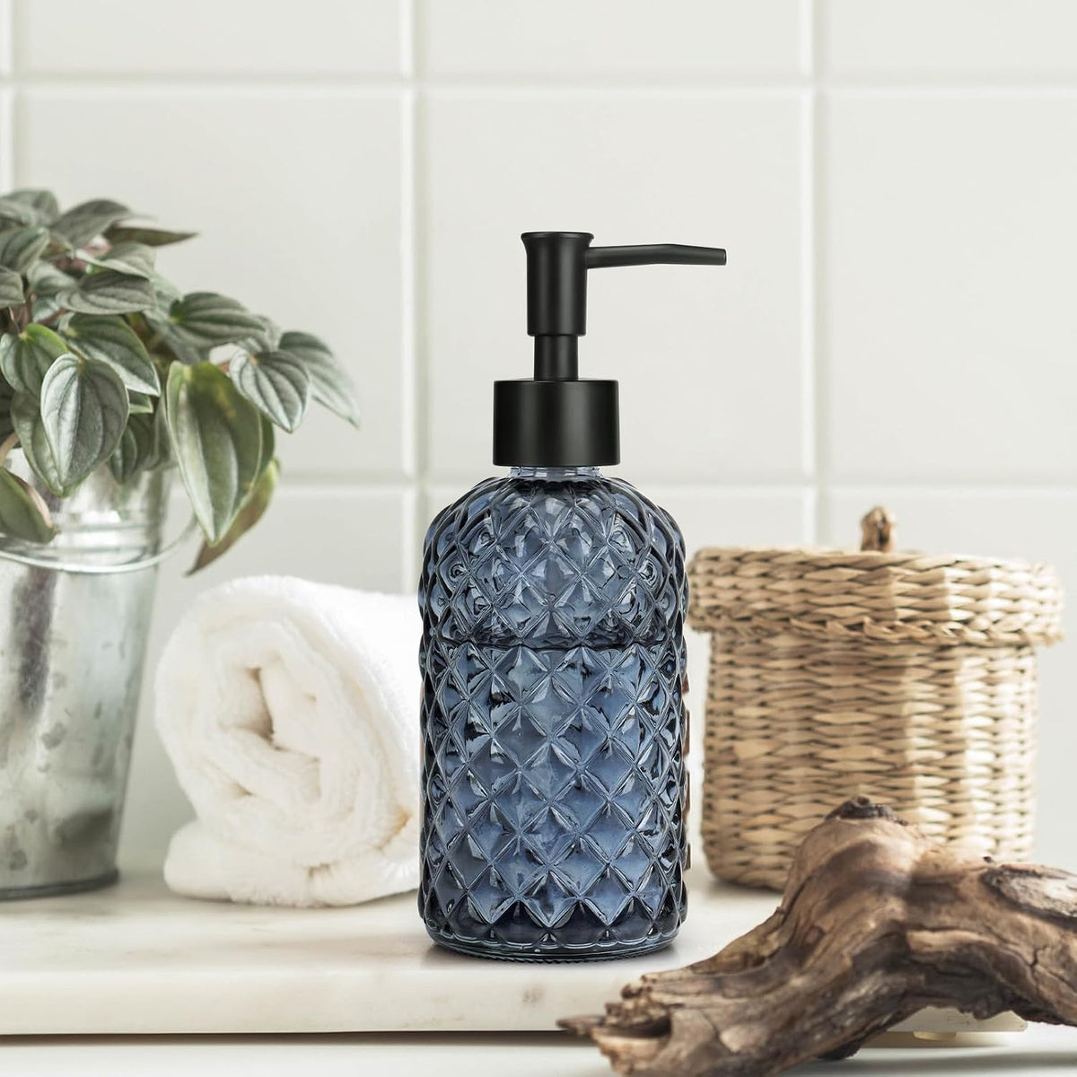13.5oz Glass Soap Dispenser with Plastic Pump, Diamond Design Refillable Hand Soap Dispenser for Hand Wash, Bathroom and Kitchen (Blue Grey)