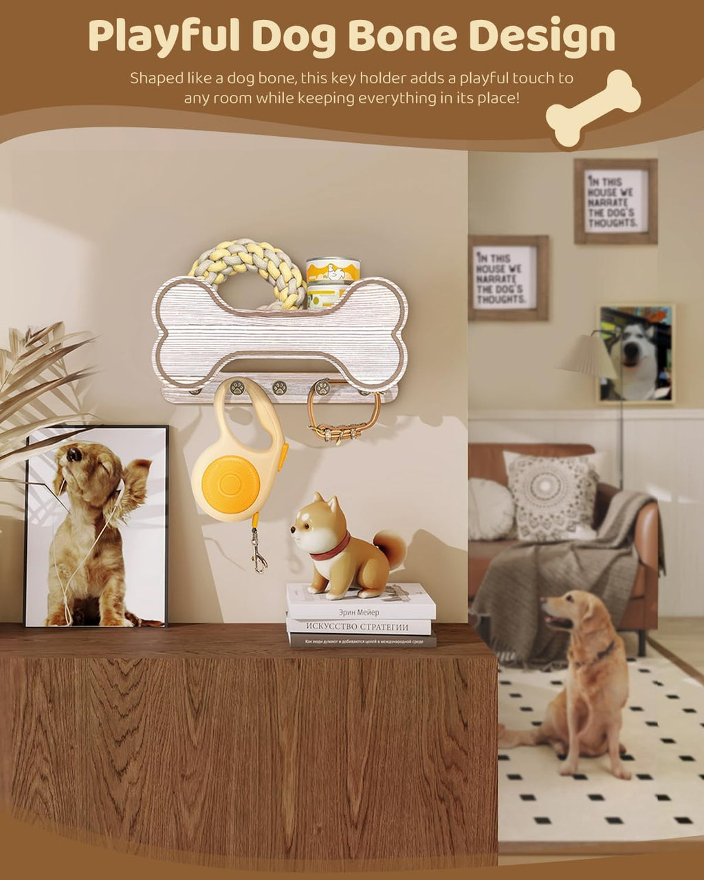 MTERSN Dog Leash Holder for Wall with Key Hooks for Dog Lover Gift, White