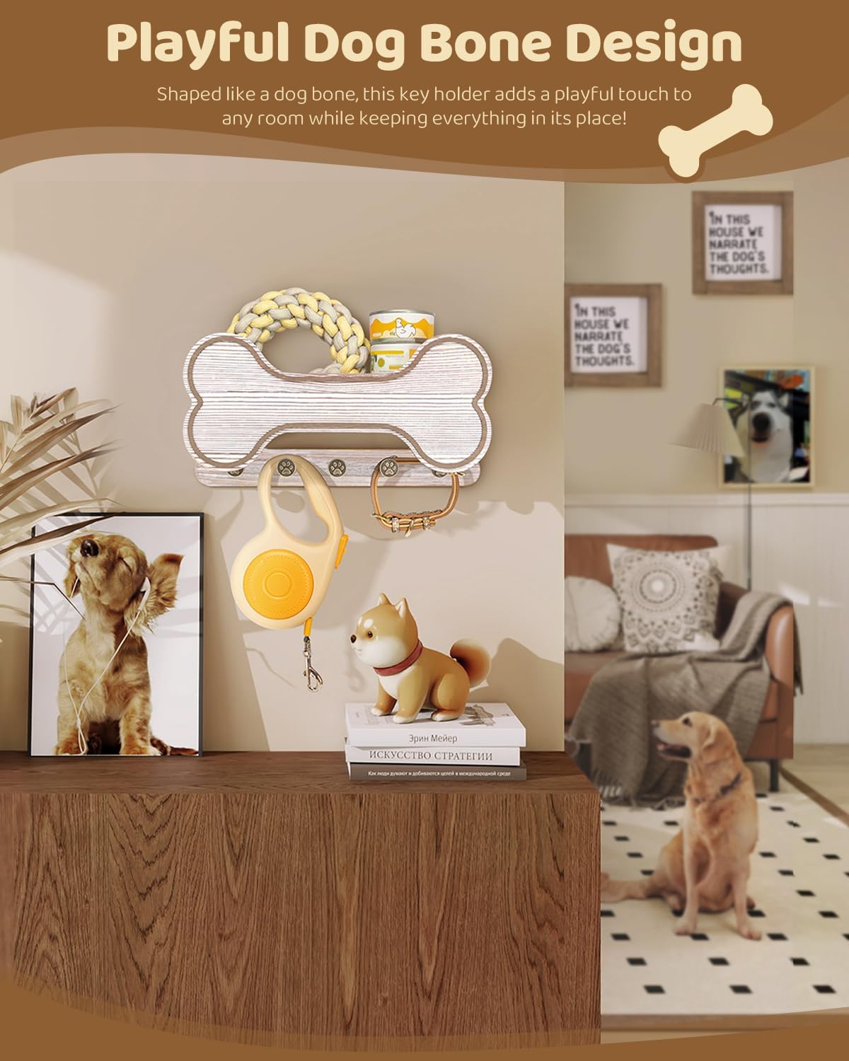 MTERSN Dog Leash Holder for Wall with Key Hooks for Dog Lover Gift, White