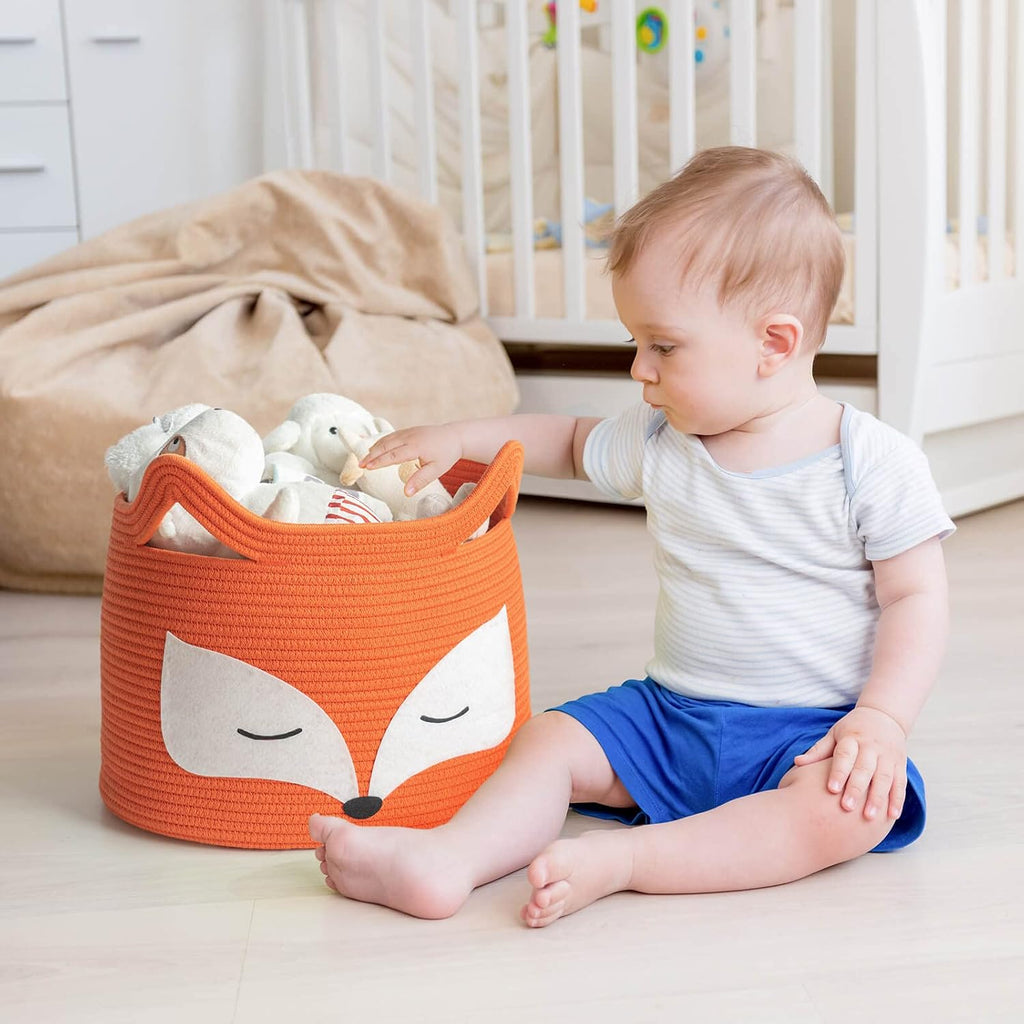 Fox Large Woven Rope Toy Basket for Home Décor, Orange