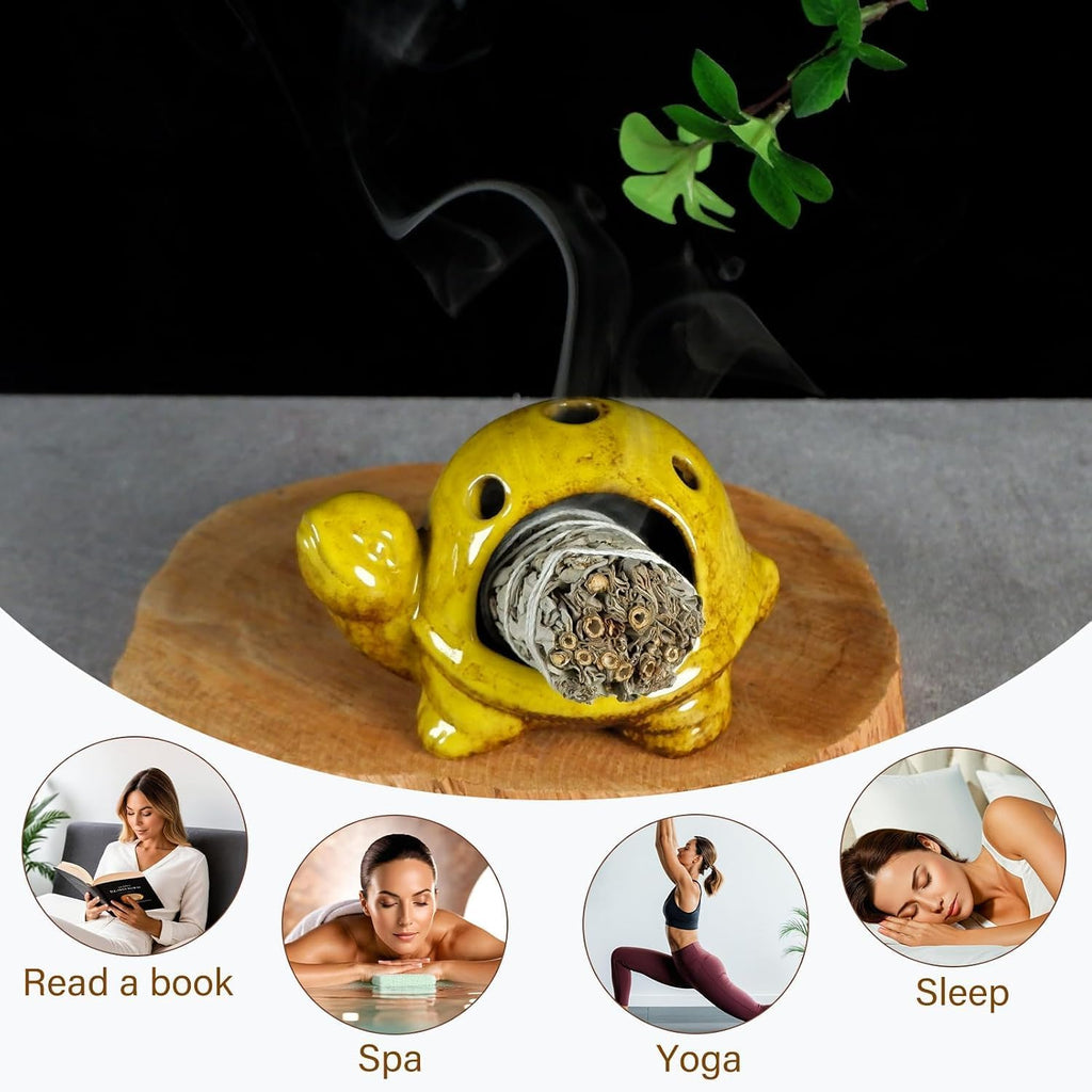 Mougigi Yellow Ceramic Turtle Palo Santo Burner Holder Chiminea Incense