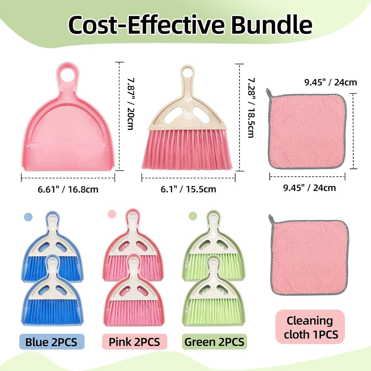 6Pcs Small Dust Pan and Brush Set with Cleaning Cloth - Blue & Green & Pink Brooms, Mini Hand Broom and Dustpan Set Whisk Dustpan Brush Kid Broom for Table Desk Car Keyboard