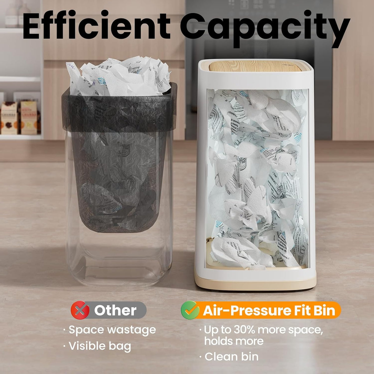 Bathroom Trash Can, 2.1 Gal Small Slim, Plastic White, Faux Wood Grain Lid