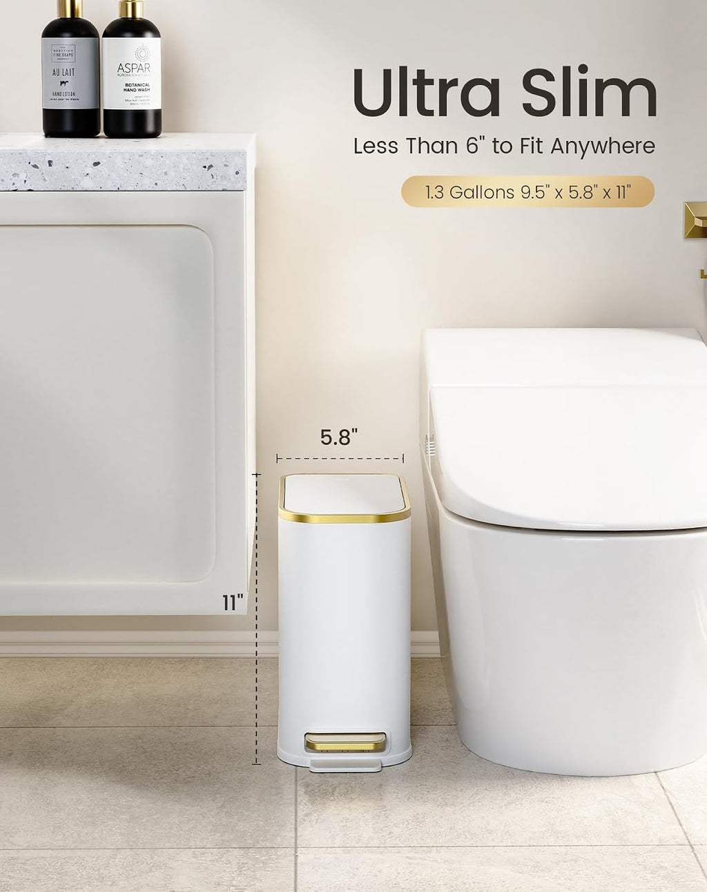 Cesun Small Bathroom Trash Can with Gold Grimmed Lid & Pedal, 1.3Gal, White