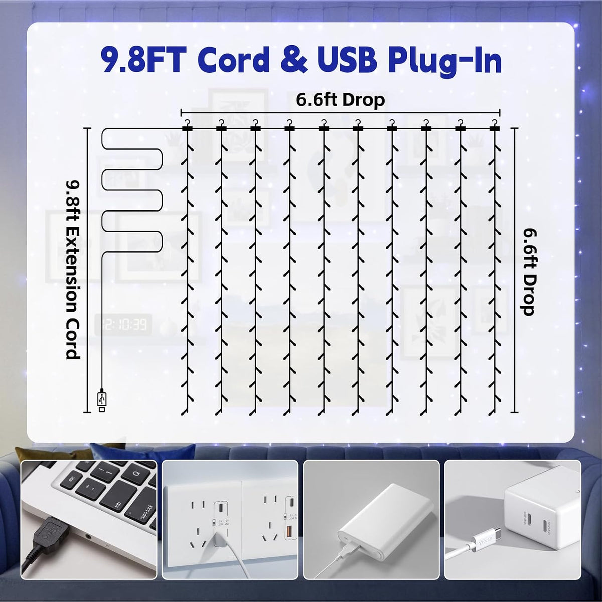 Curtain String Light, 200LED 6.6x6.6ft, Remote & 8 Modes, USB