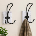 2-Pack Rustic Wood Wall Hooks - Wall Mounted or Adhesive Coat Rack for Bathroom Towels Robes - Farmhouse Modern Decorative Entryway Hangers for Hats Keys Purses Bags, White