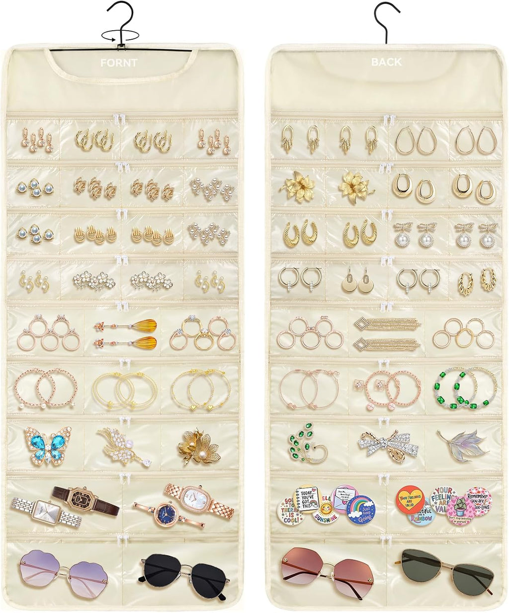 FOREGOER Hanging Jewelry Organizer 58 Zippered Pocket, 2-Sided, Beige