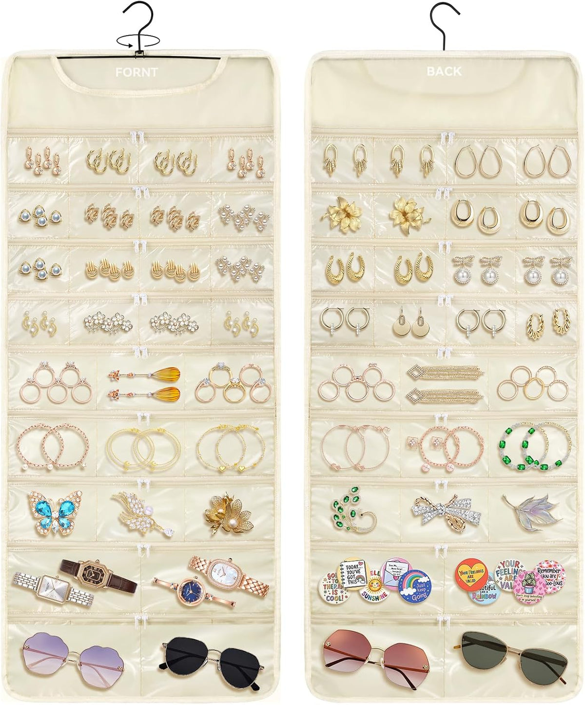 FOREGOER Hanging Jewelry Organizer 58 Zippered Pocket, 2-Sided, Beige