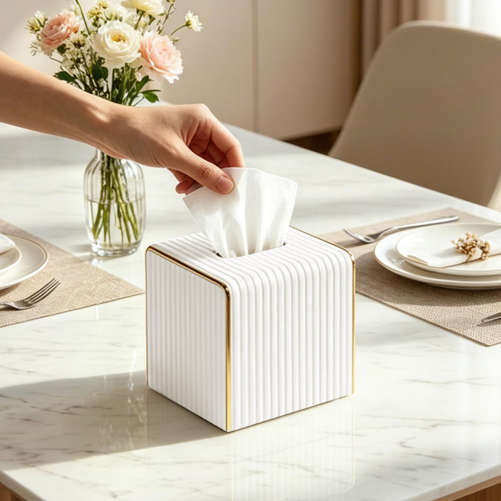White Tissue Box Cover Square,Cube Tissues Holder with Gold Edging