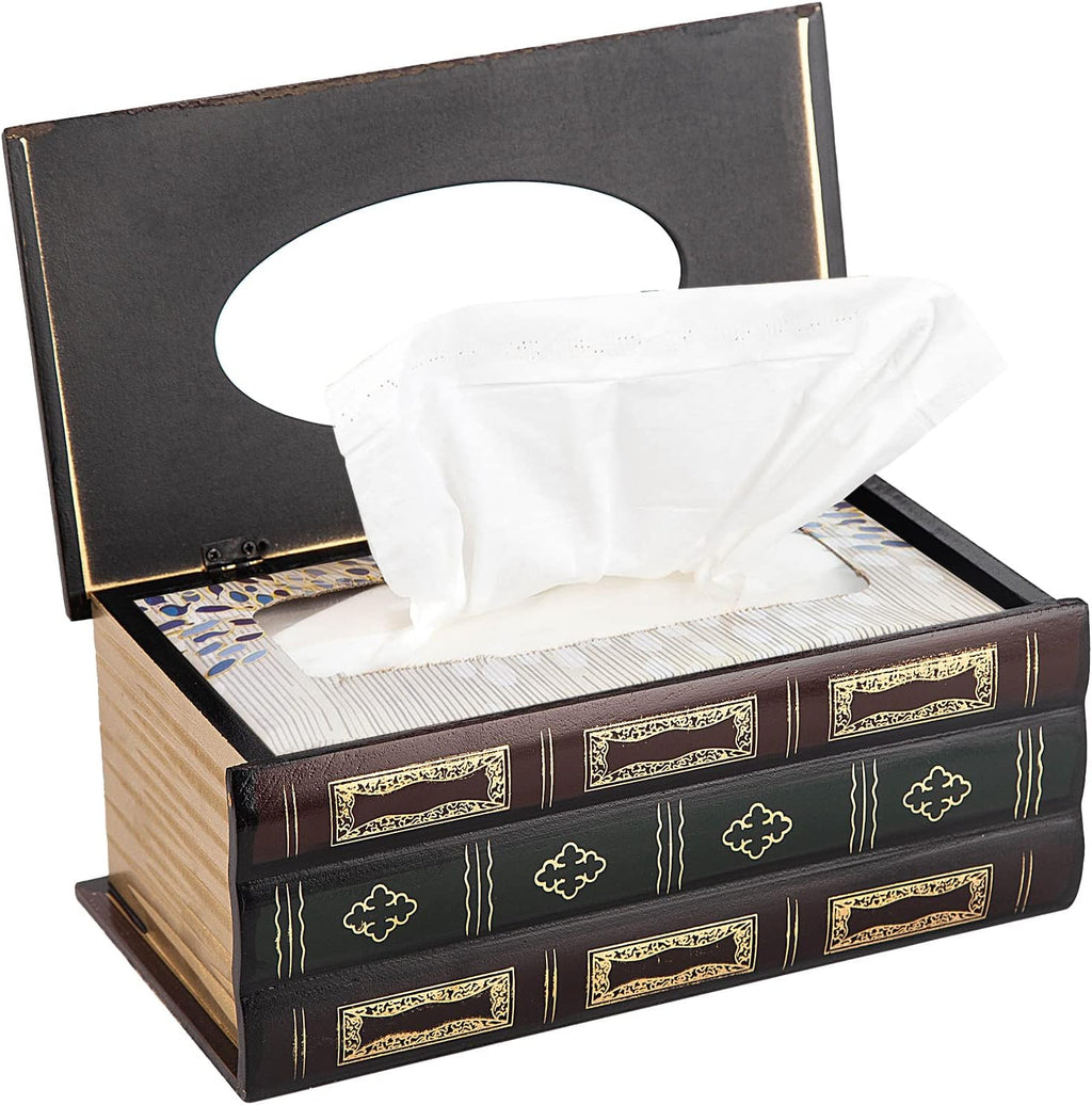 Crafted Classical Retro Wooden Antique Book Tissue Box Cover Rectangular Tissue Holder Dispenser Paper Cover Case Napkin Holder Home Decor for Bathroom Living Room Office car Kitchen (Red)