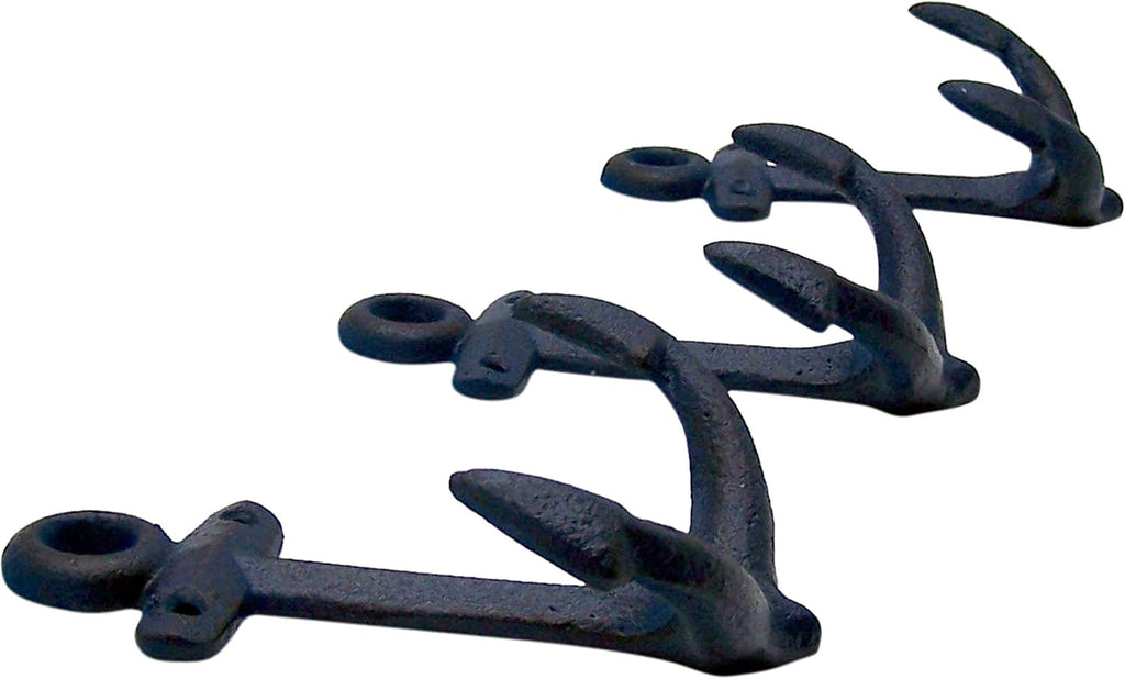 Wowser Nautical Cast Iron Ship Anchor Wall Hooks, 6 Inches, Set of 3 (Blue)