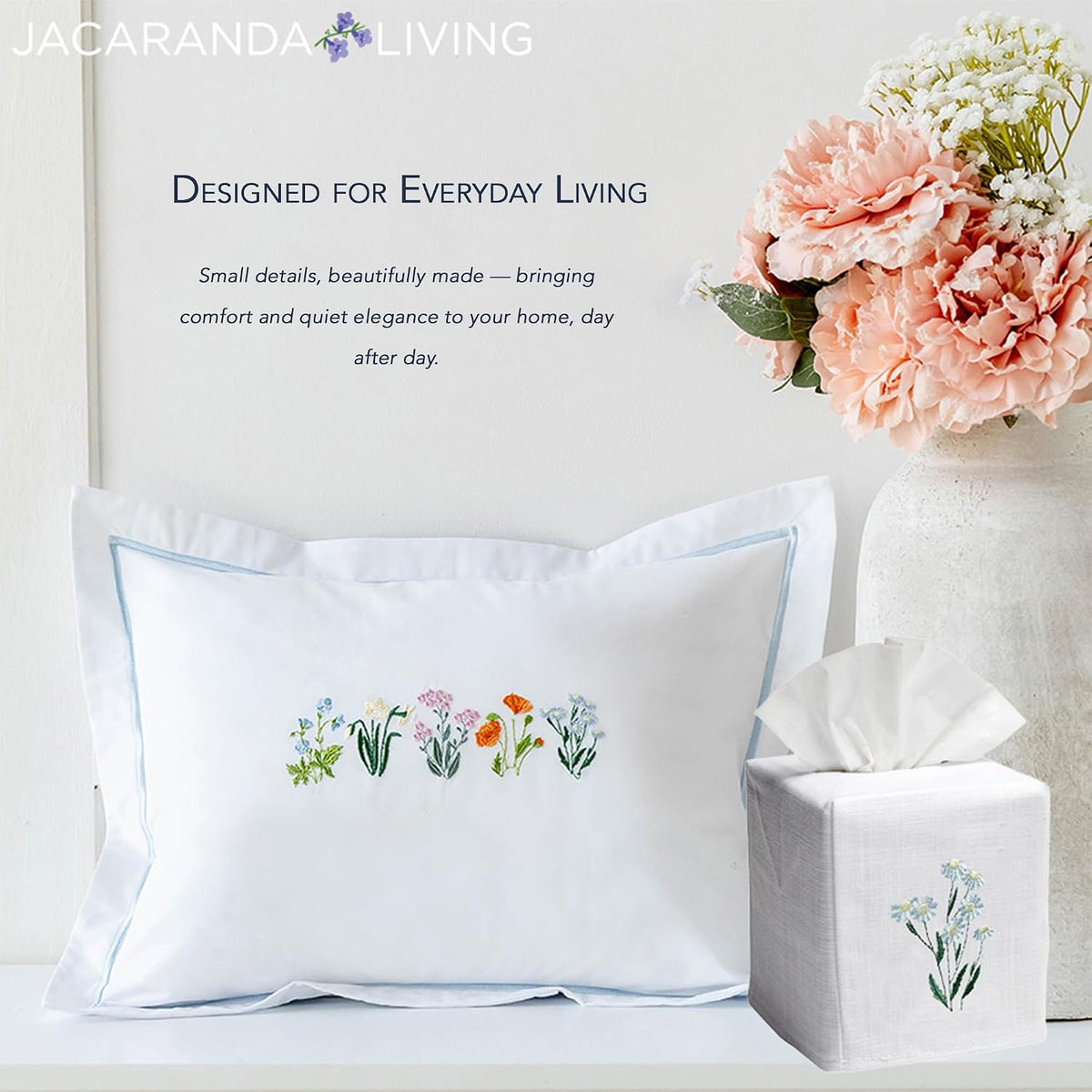 Jacaranda Living Square Tissue Box Cover, Linen/Cotton Fabric Tissue Holder, Decorative Cloth Tissue Cube Cover, Embroidered Bee Designs, Napoleon Bee Wreath (Duck Egg Blue)