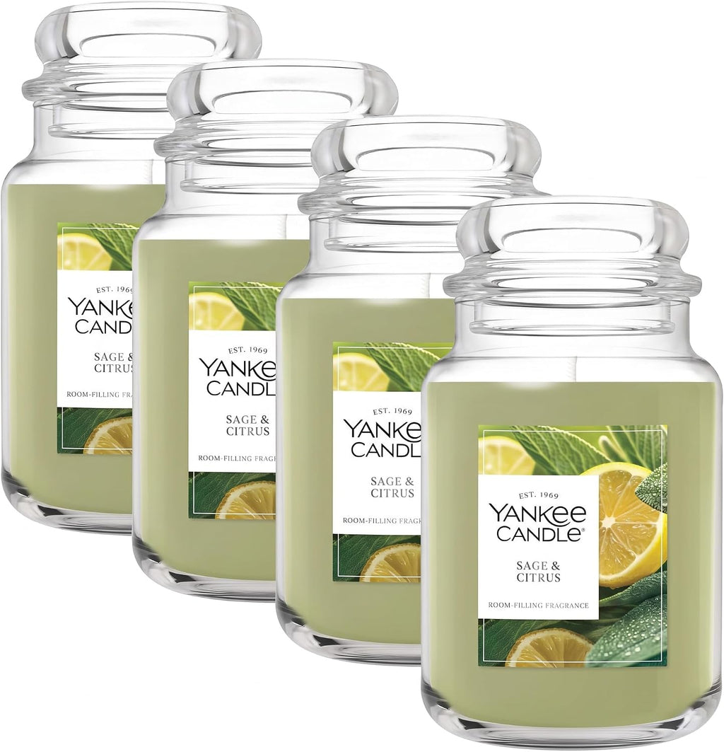 Yankee Candle Sage & Citrus, Scented Candle, 22oz Large Jar with up to 150 Hour Burn Time, Giftable, Birthdays (Pack of 4)