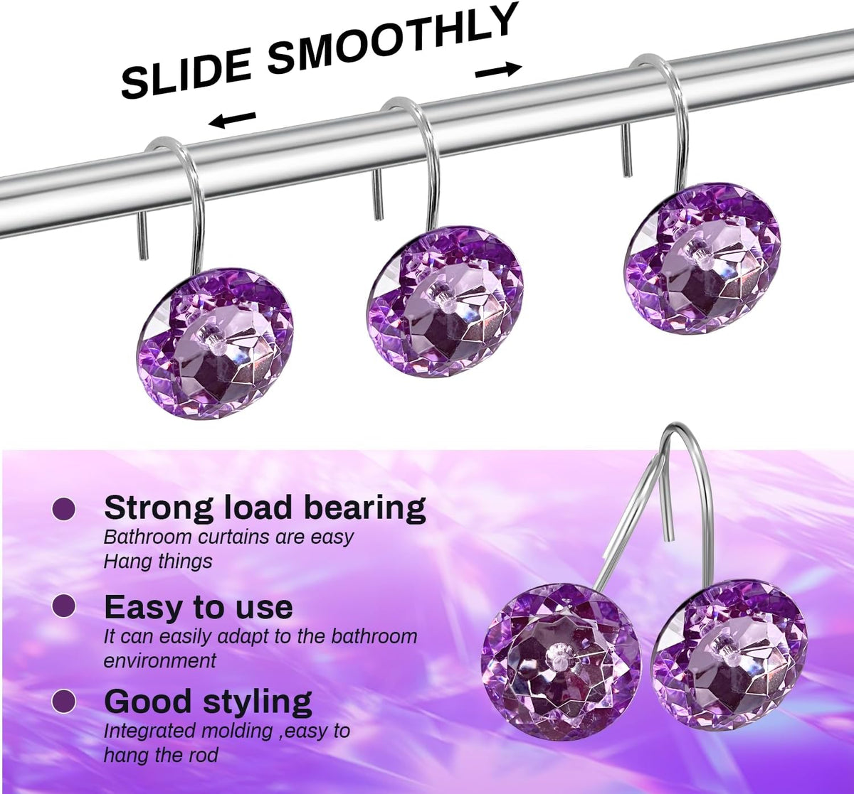 Purple Diamond Crystal Bling Shower Curtain Hooks Rings for Bathroom,12PCS