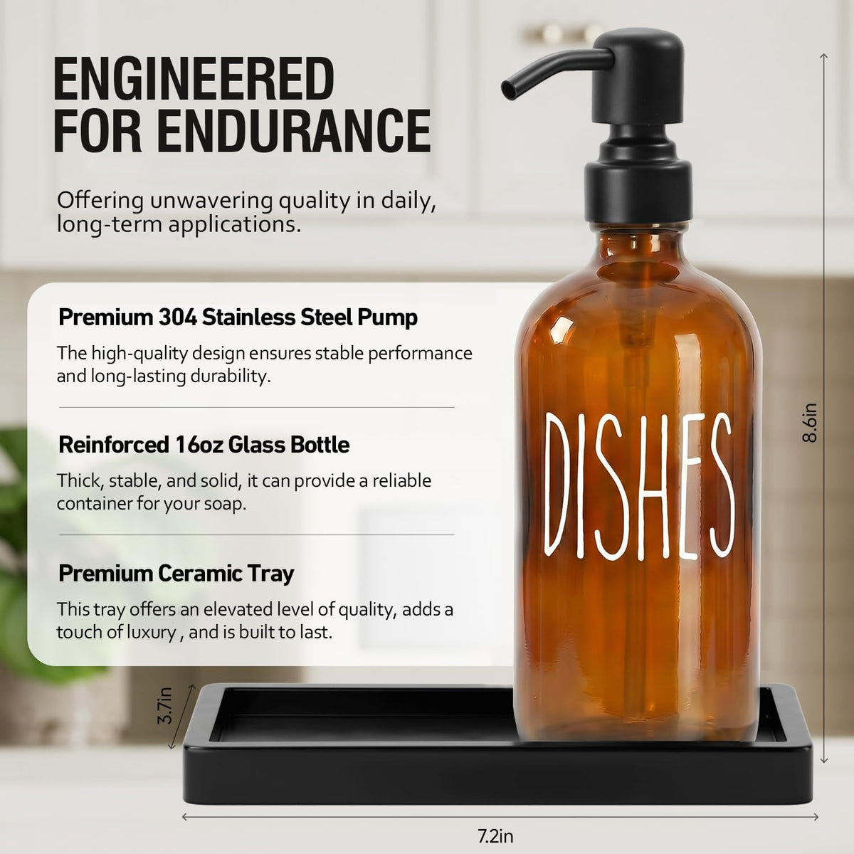 MOMEEMO Soap Dispenser Set with Ceramic Tray, Amber & Black